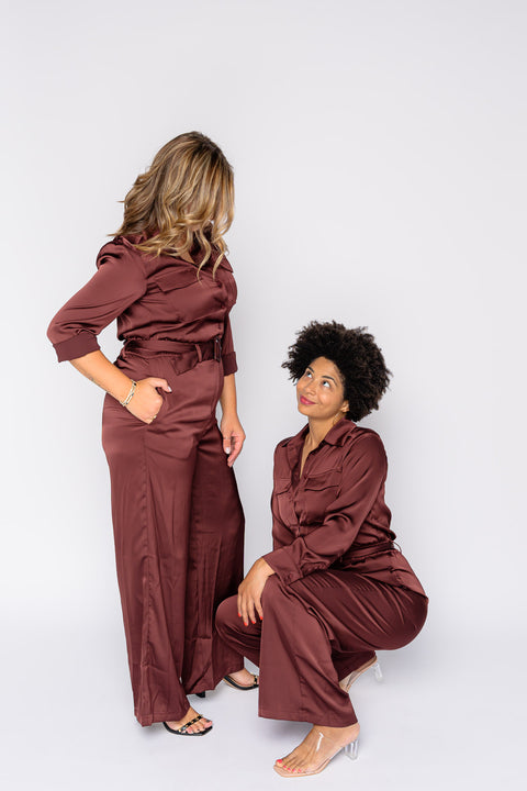 Annalise Satin Button Down Belted Jumpsuit