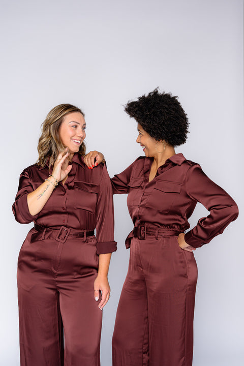 Annalise Satin Button Down Belted Jumpsuit