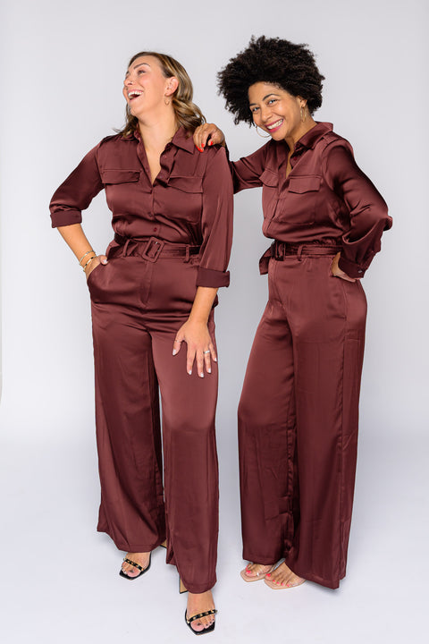 Annalise Satin Button Down Belted Jumpsuit