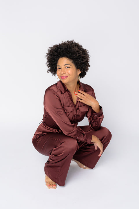 Annalise Satin Button Down Belted Jumpsuit